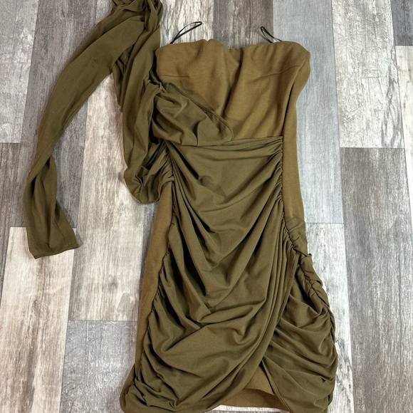ZARA One Shoulder Sleeve Pleated Ruffled Brown Mini Dress XS - Picture 2 of 6